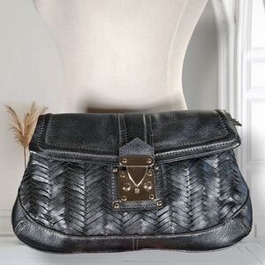 Lust Luxe Basket Weave Leather Clutch Purse Black Envelope